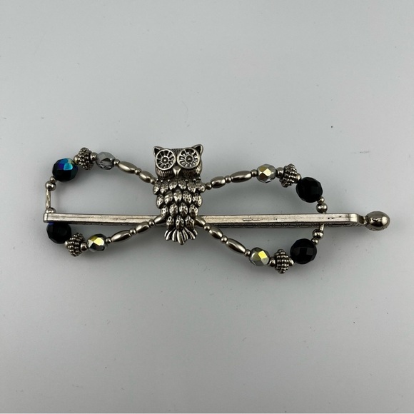 Silver Night Owl Flexi Thick Hair Clip Blue Beaded Accents Large 4” Barrette - Picture 4 of 6